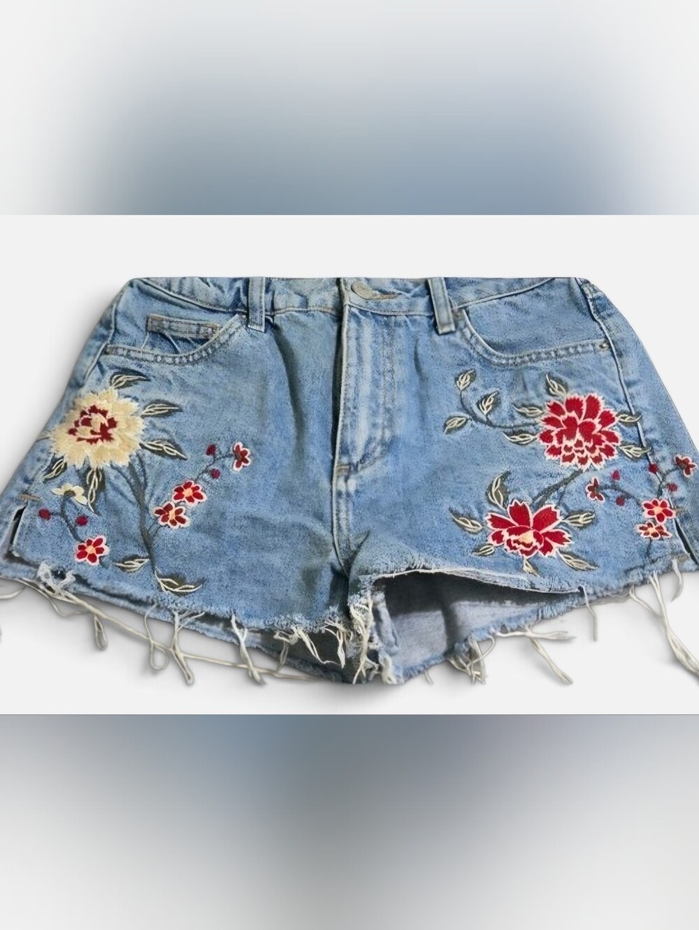 Topshop Light Blue Denim Shorts with Red & Cream Floral Embroidery size 4